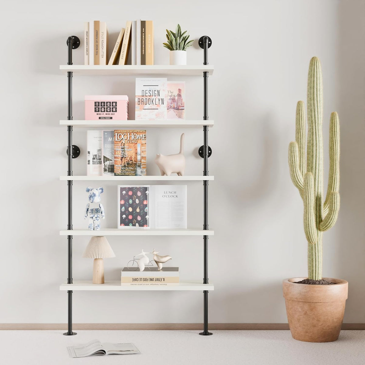 Ladder Pipe Shelves, Wall Mounted Industrial Shelves for Living Room Storage (White, 5 Tier - 10" D x 36" W x 70" H)