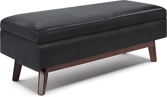SIMPLIHOME Owen 48 inch Wide Mid Century Modern Rectangle Rectangular Storage Ottoman in Midnight Black Vegan Faux Leather, Assembled, for the Living Room, Entryway and Family Room