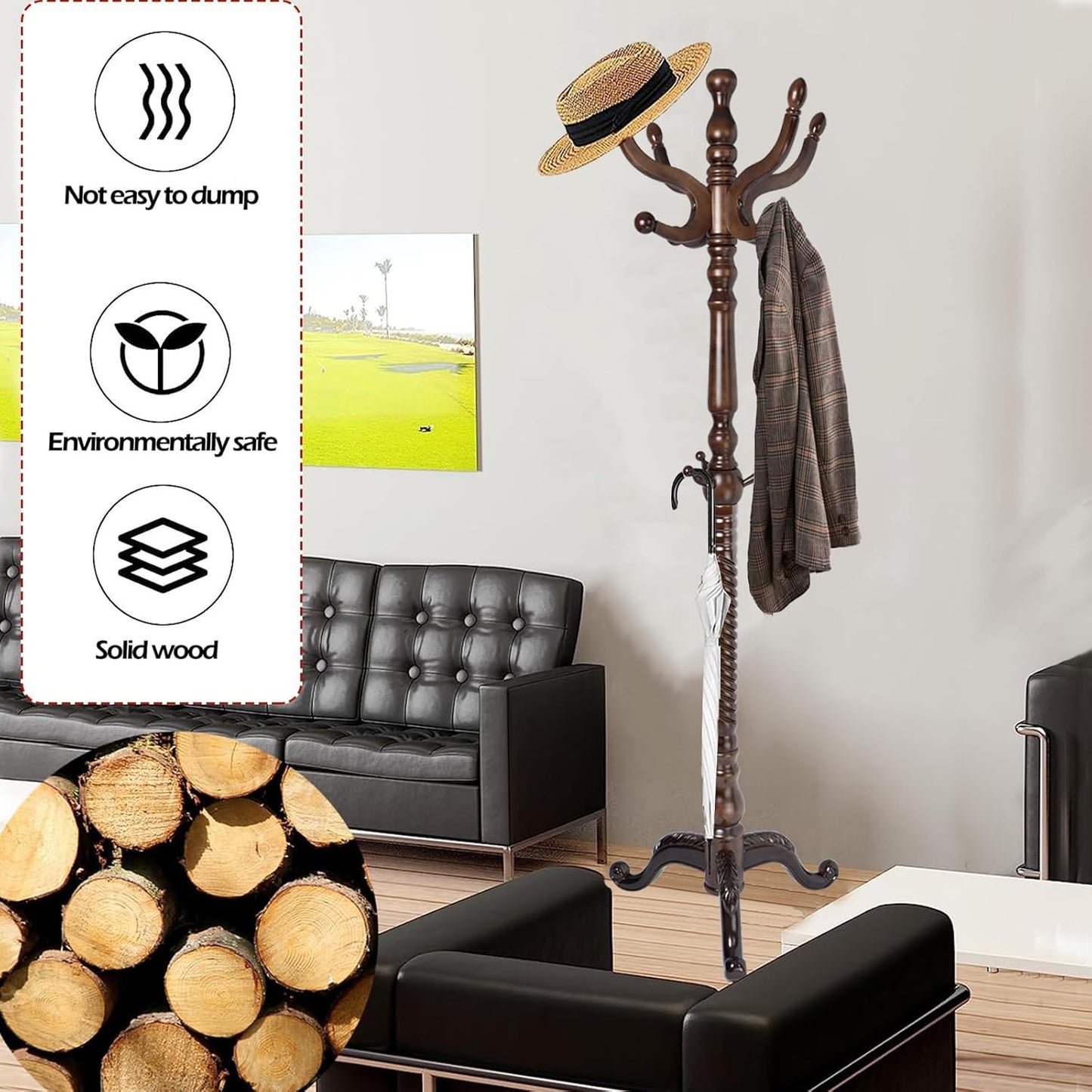 Coat Racks Free Standing with 14 Hooks, Natural Wood Coat Stands for Entryway, Adjustable Height 73 in Tree Coat Rack Stand for Hallway Home Office Bedroom (Dark Brown Triangle)