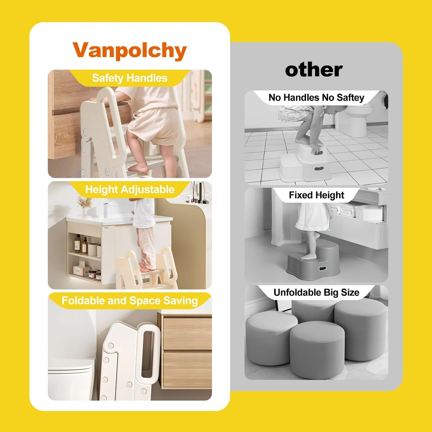 Kids Step Stool for Bathroom, Non-Slip Toddler Step Stool Kitchen Helper, 150lbs Load Bearing Foldable Toddler Tower for Kitchen Counter, Kids Stool for Bathroom Sink