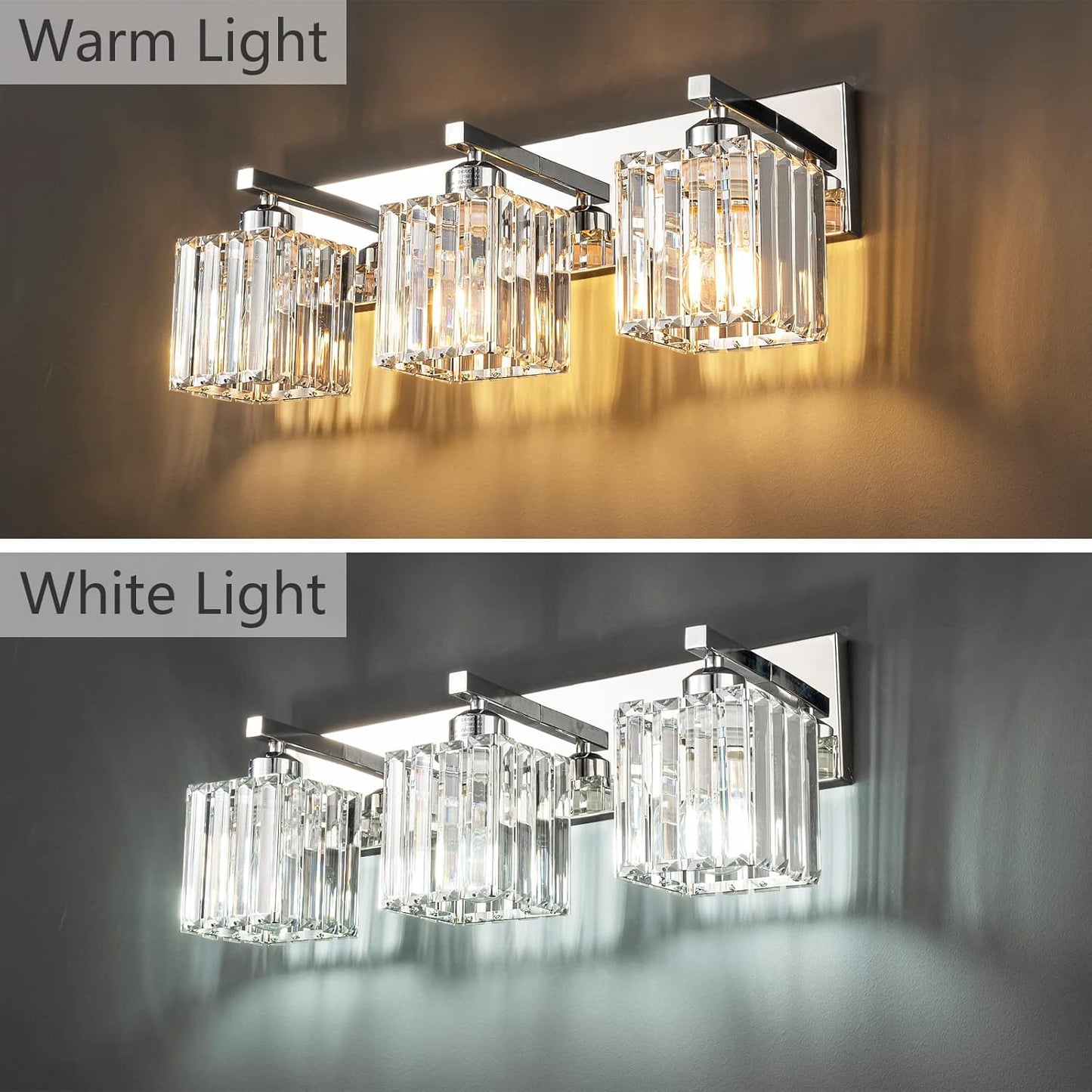 Modern Bathroom Vanity Light 3-Lights Chrome Crystal Bathroom Wall Light Vanity Light Fixtures，20.47-inch Modern Minimalist Design