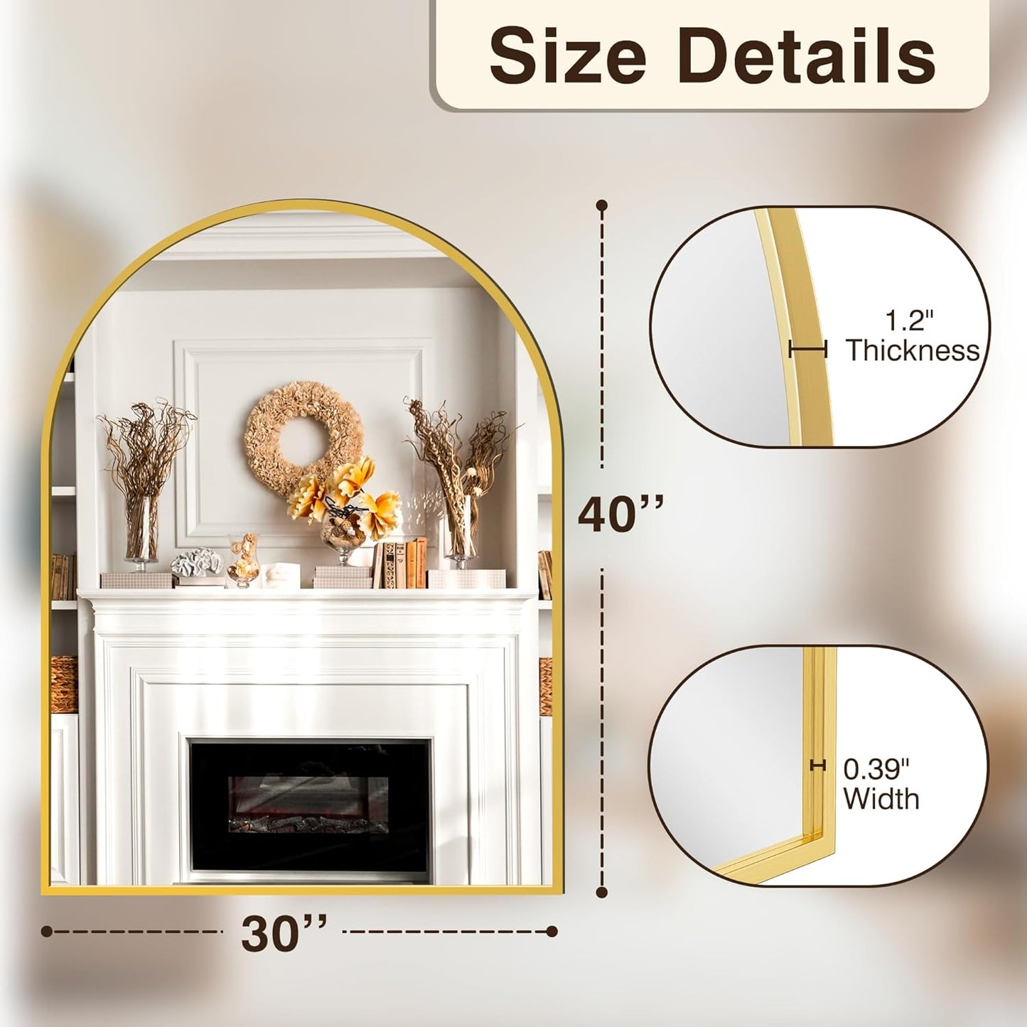 FICTOR Bathroom Vanity Mirror for Wall,40”x30” Large Arched Metal Framed Bathroom Mirror for Over Sink, Entryway, Living Room,Bedroom(Gold)