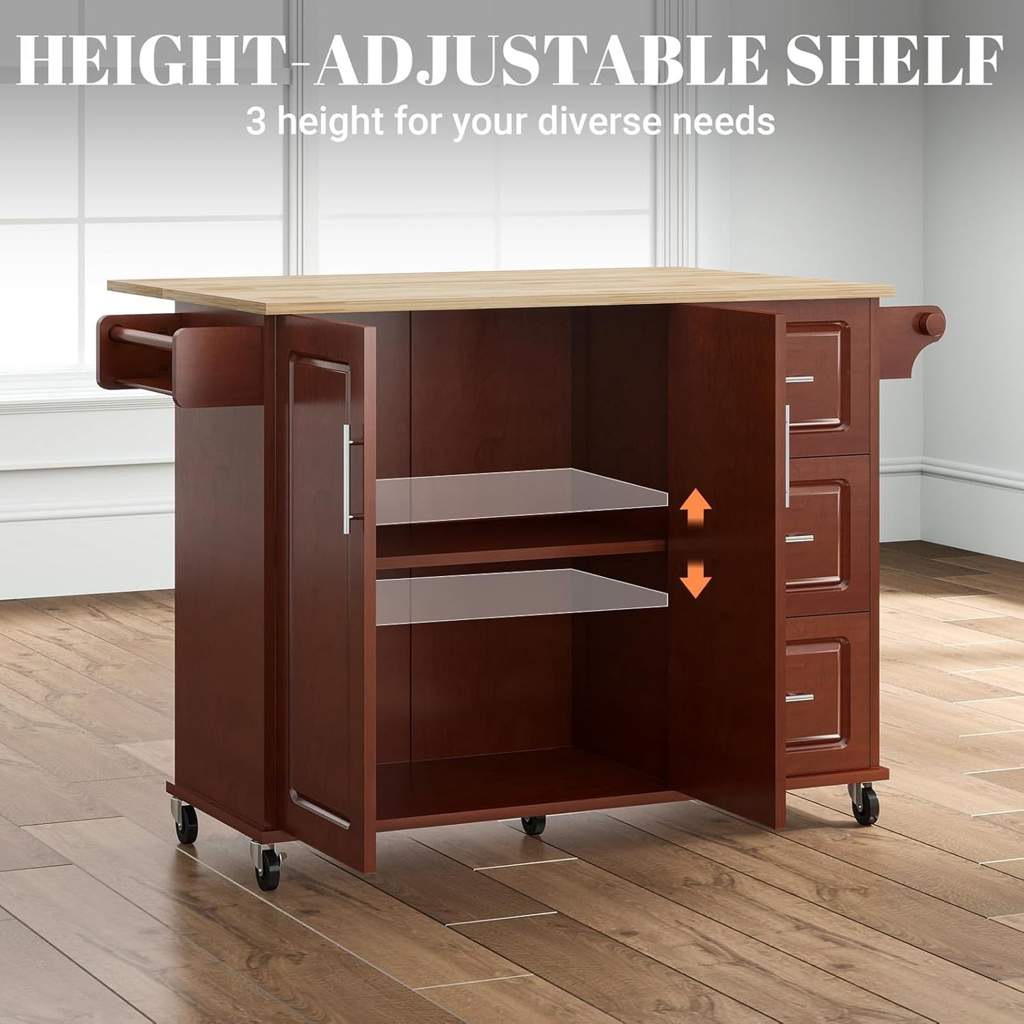 Rovibek 53" Kitchen Island on Wheels with Drawers - Large Rolling Island Cart with Storage, Cabinet, Spice Rack, and Towel Holder