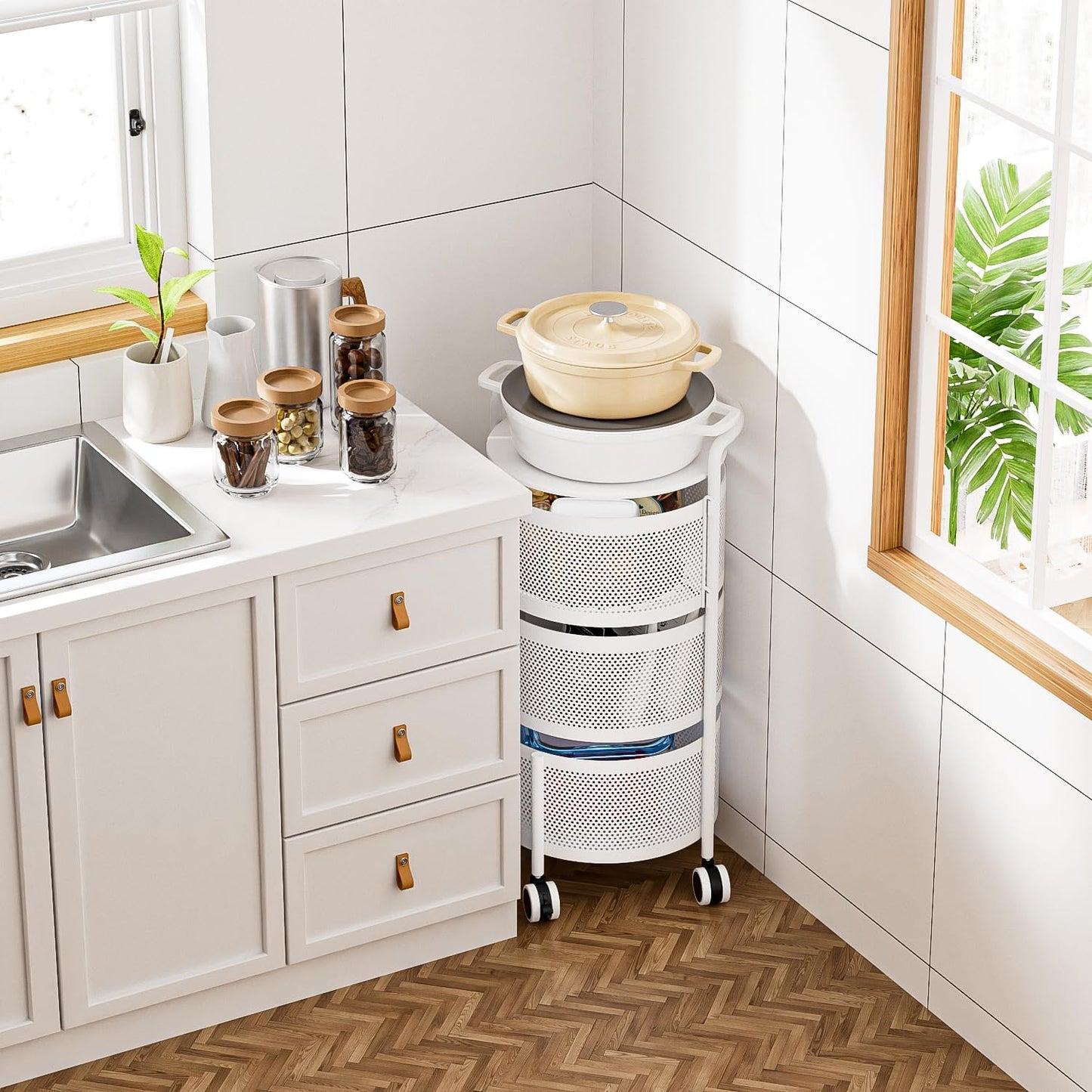 JAQ Vegetables Storage Basket, Rotating Storage Shelves Basket Carts Rack Organizer Bin on Rolling Wheels in Kitchen Household for Fruits Grocery Corns Potatos-(3-Tier,White)