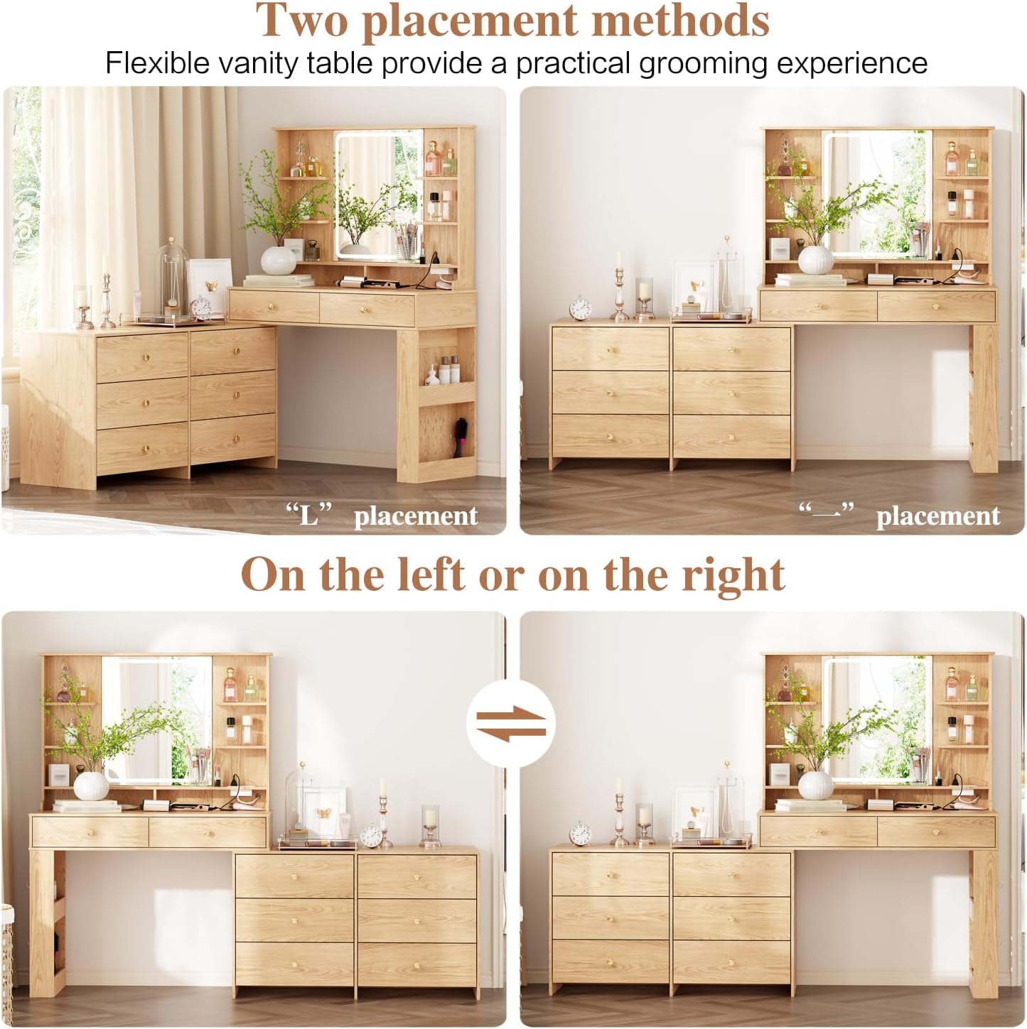 Large Makeup Vanity Desk with Mirror and Lights, Vanity Desk with 8 Drawers & Storage Shelves, Vanity Table with Power Outlet, 3 Color Modes & Adjustable Brightness Dressing Table, Bedroom,Oak