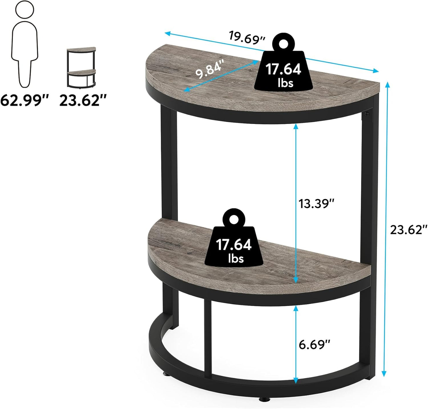 Tribesigns 2-Tier End Table Semi Circle, Small Half Round Side Table with Storage Shelf, Wood Accent Table Slim C Table for Sofa Couch, Living Room, Bedroom, Easy Assembly, Rustic Grey & Black