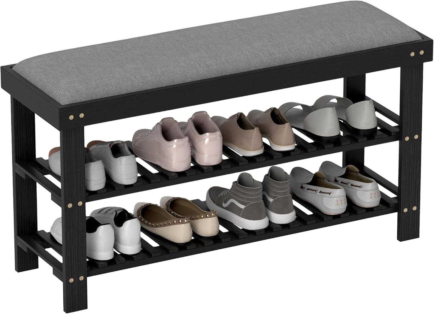 HOMCOM Bamboo Shoe Bench, 3-Tier Entryway Bench with Storage and Cushion, Shoe Organizer for Entryway, Hallway, Holds Up to 331 lbs, 35.4 x 11.4 x 19.3 Inches, Black