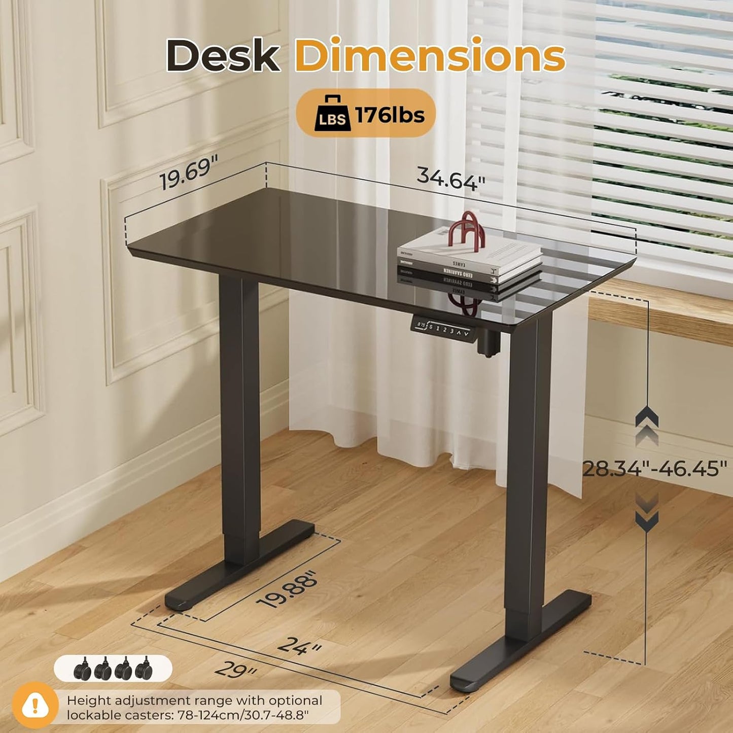 JOY worker Small Glass Standing Desk, 35" x 20" Electric Whole Piece Height Adjustable Desk with 4 Lockable Casters, Mobile White Sit to Stand Workstation for Home Office, Black