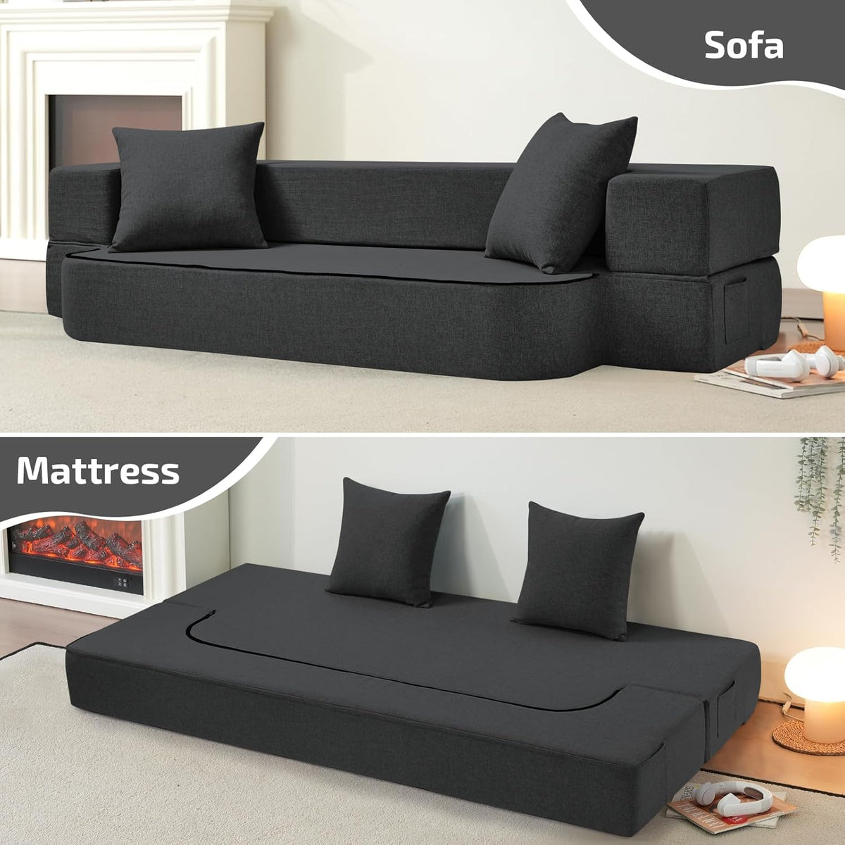 2-in-1 Folding Sofa Bed with Pillows - Folding Chair Floor Couch & Sleeping Mattress - Washable Cover & Memory Foam Sleeper Chair for Living Room/Guest Room/Apartment/Loft, Dark Gray, Twin XL