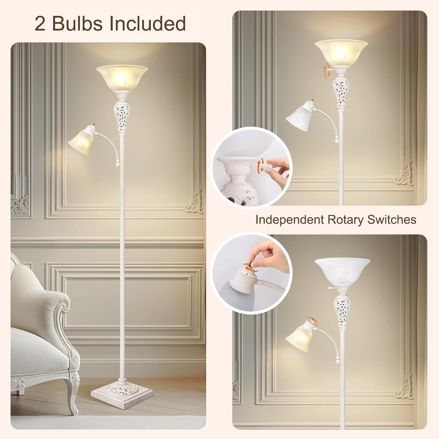 Torchiere Floor Lamp with Adjustable Reading Light, 72" Tall Vintage Lamp with White Glass Shade, Farmhouse Standing Lamp, Rustic LED Floor Lamp for Living Room Bedroom Office Corner, Bulbs Included