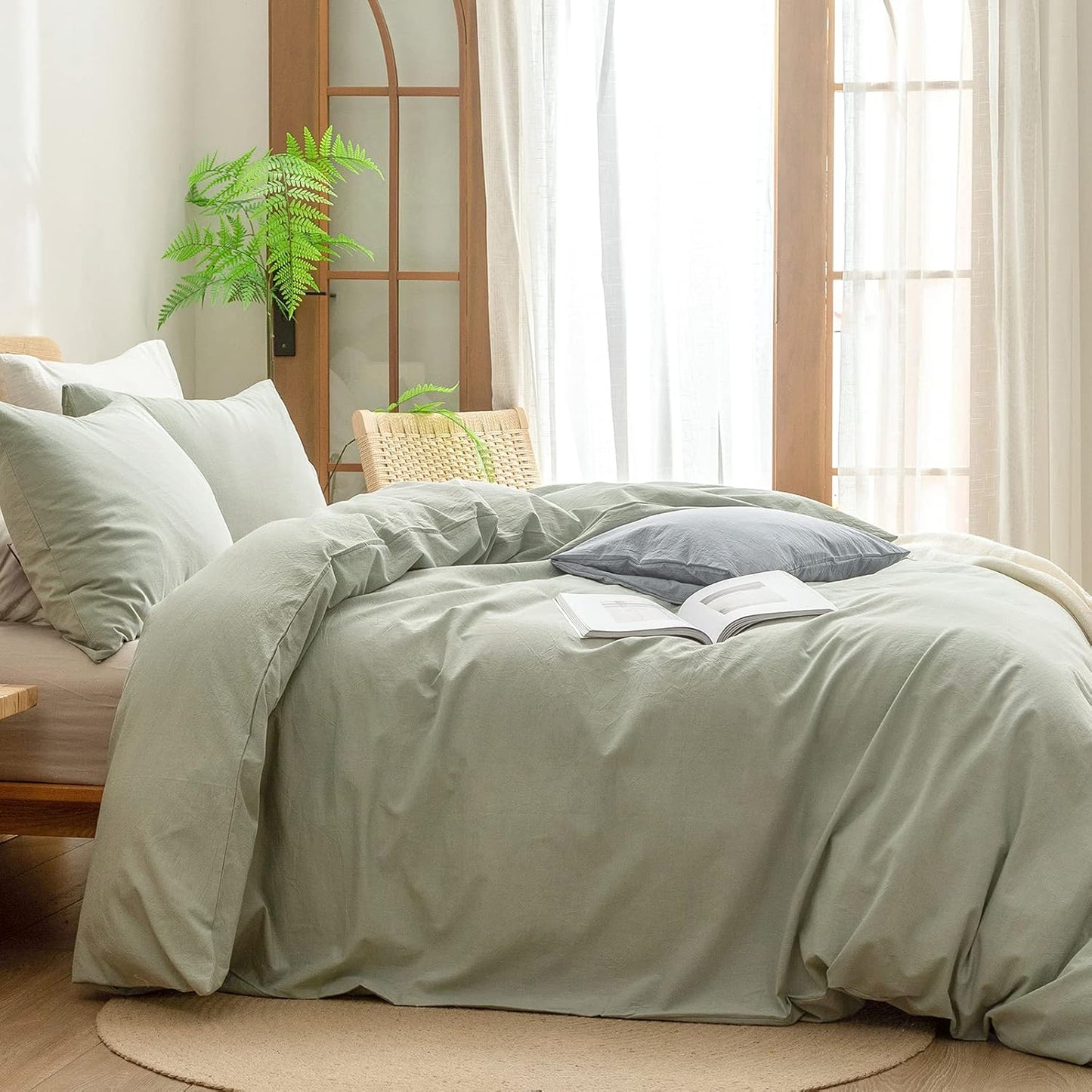 BESTOUCH Duvet Cover Set 100% Washed Cotton Linen Feel Super Soft Comfortable Chic Lightweight 3 PCs Home Bedding Set Solid Sage Green Oversized King