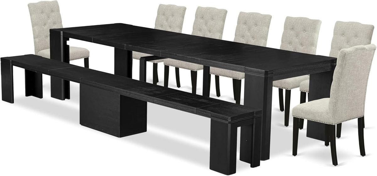 X07EL-B06-35 - 9-piece Dining Room Table Set a Rectangular Kitchen Table with a wooden Bench and 7 Doeskin Linen Fabric Dining Chair, 39x120 Inch, Wire Brushed Black