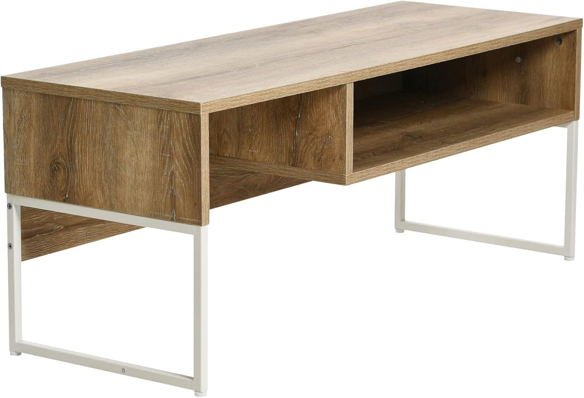 Household Essentials Wrap TV Stand with Rectangular Storage Compartment Coastal Oak Rustic Wood Grain and White Metal