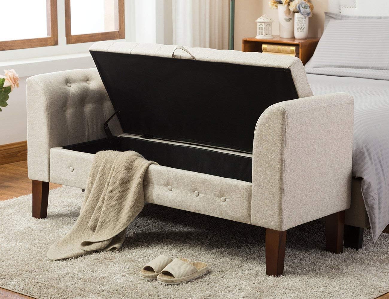 Awonde Upholstered Storage Bench with Arms Ottoman Bench for Bedroom Entryway Living Room Khaki