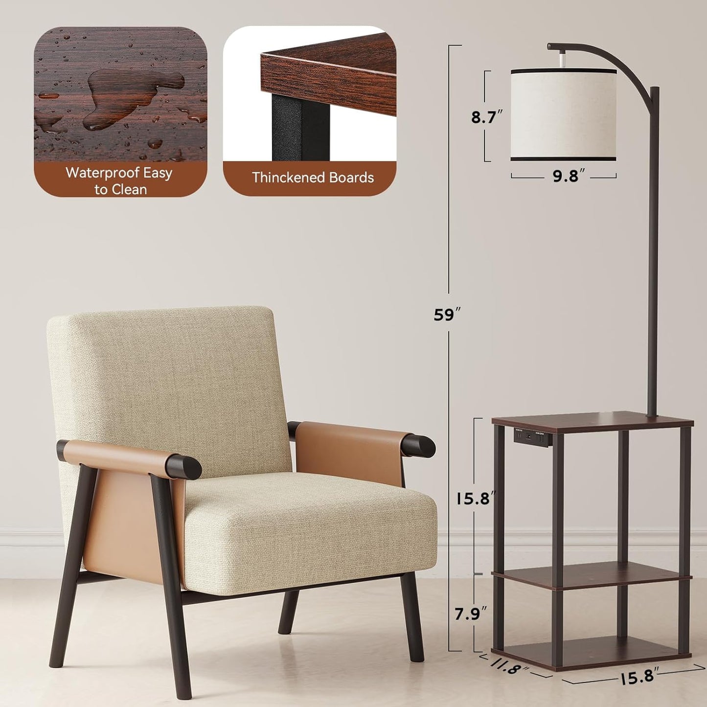 SUNMORY Floor Lamp with Table, End Table for Living Room with Lamp, Shelves Side Table with Charging Station(USB & AC Port), 3 Color Temperature LED Bulb, Modern Nightstand Lamp for Bedroom, Office