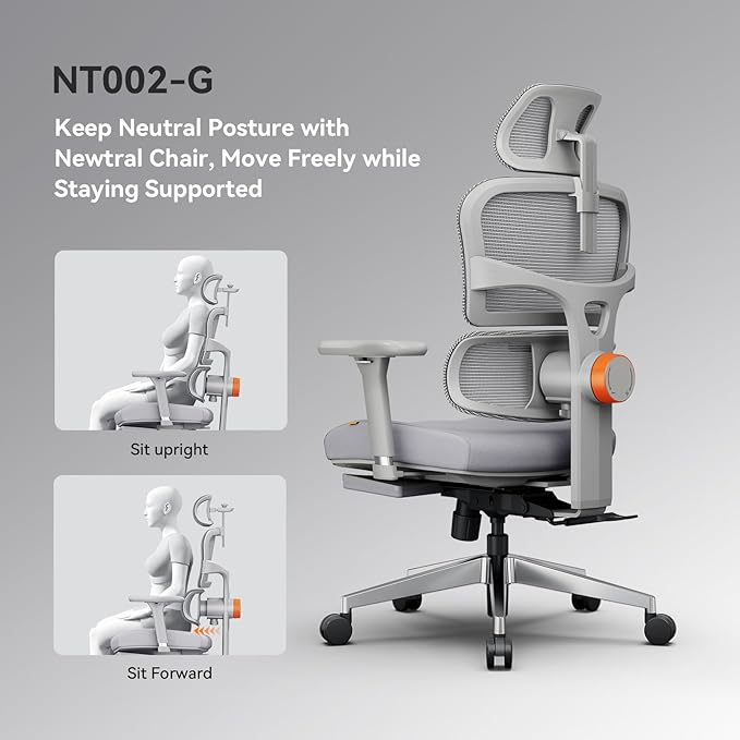 Newtral Office Chair Ergonomic - Home Office Desk Chair, Back Pain Chair with Auto-Following Lumbar Support, 4D Armrest, Seat Depth and Height Adjustable (Foot Rest, Gray)