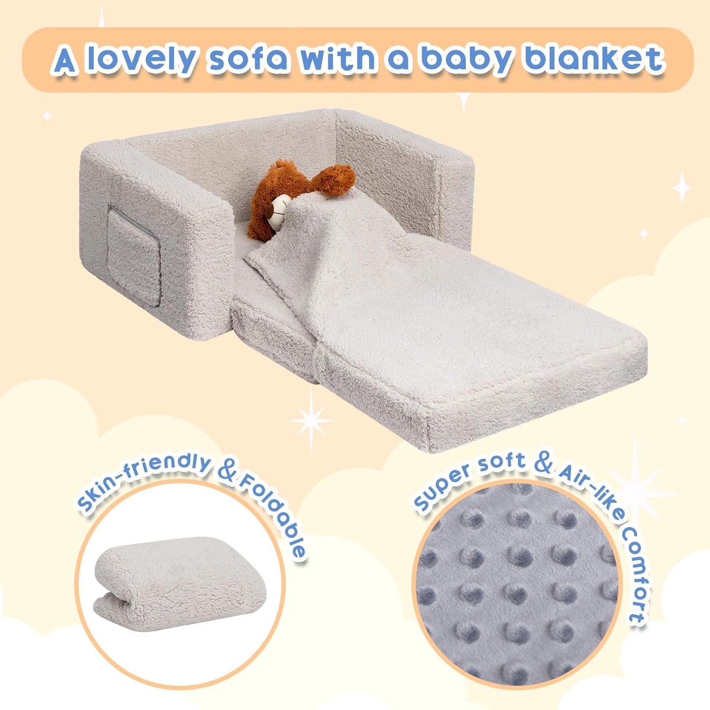 ALIMORDEN Fold Out Toddler Couch, Extra Wide Comfy 2-in-1 Cuddly Sherpa Sofa for Kids, with Removable Baby Friendly Blanket, Convertible Sofa to Bed, Light Grey