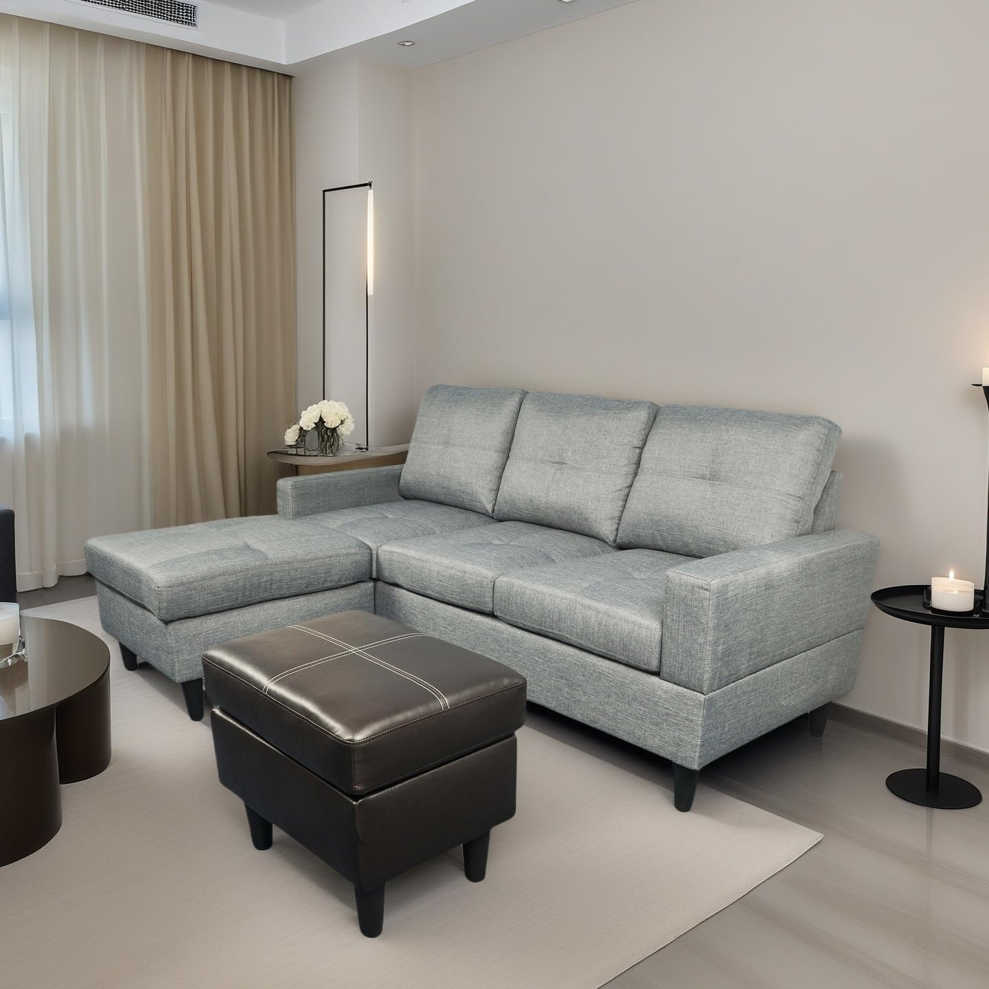 L Shaped Sofa with Ottoman, Modern Faux Leather Couch with Chaise, 3 Seat Living Room Sofa Set with Solid Wood, for Home, Apartment, Study Room, Brown Grey