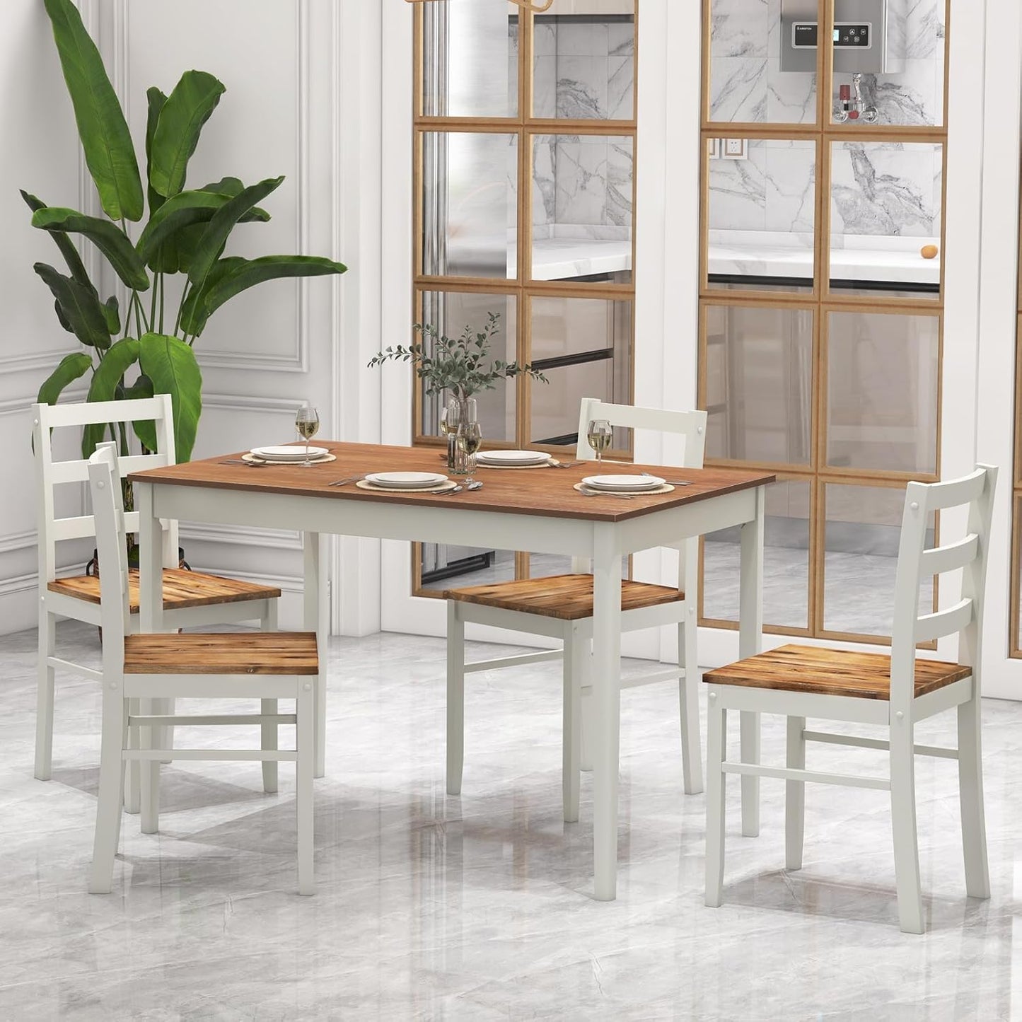 Giantex 5-Piece Dining Set for 4, Solid Wood Rectangular Table & 4 Chairs wtih Rubber Wood Legs, Kitchen Table and Chairs Set for Small Spaces Dinette Dining Room Restaurant (Rustic Brown)