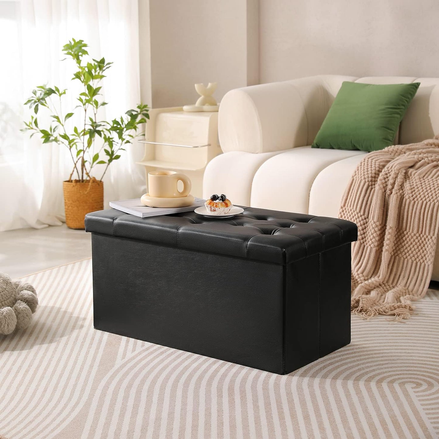 PRANDOM Extra Large Ottoman with Storage [1-Pack] Faux Leather Folding Small Square Foot Stool with Lid for Living Room Bedroom Coffee Table Dorm Black 30.5x15x15 inches