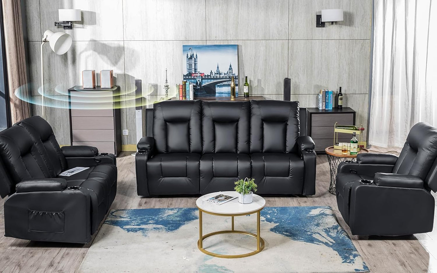 COMHOMA Living Room Furniture Set,Bonded Leather Sofa with Massage,Cup Holder Recliner Chair,3+2+1,Black