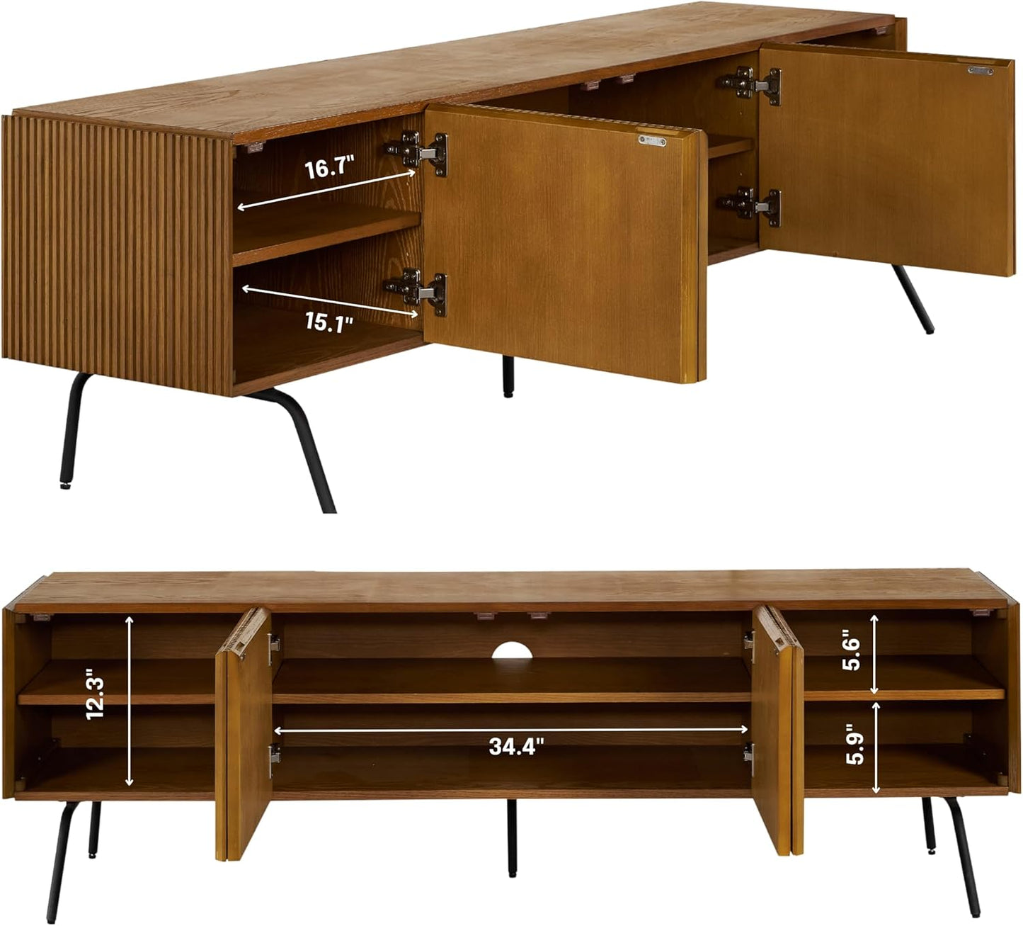 NTC Veil TV Stand with 4 Doors for TVs up to 75’’, Media Console with Vertical Groove Design and Metal Legs, Modern Entertainment Center for Living Room and Bedroom, Effortless Assembly, Rustic Oak