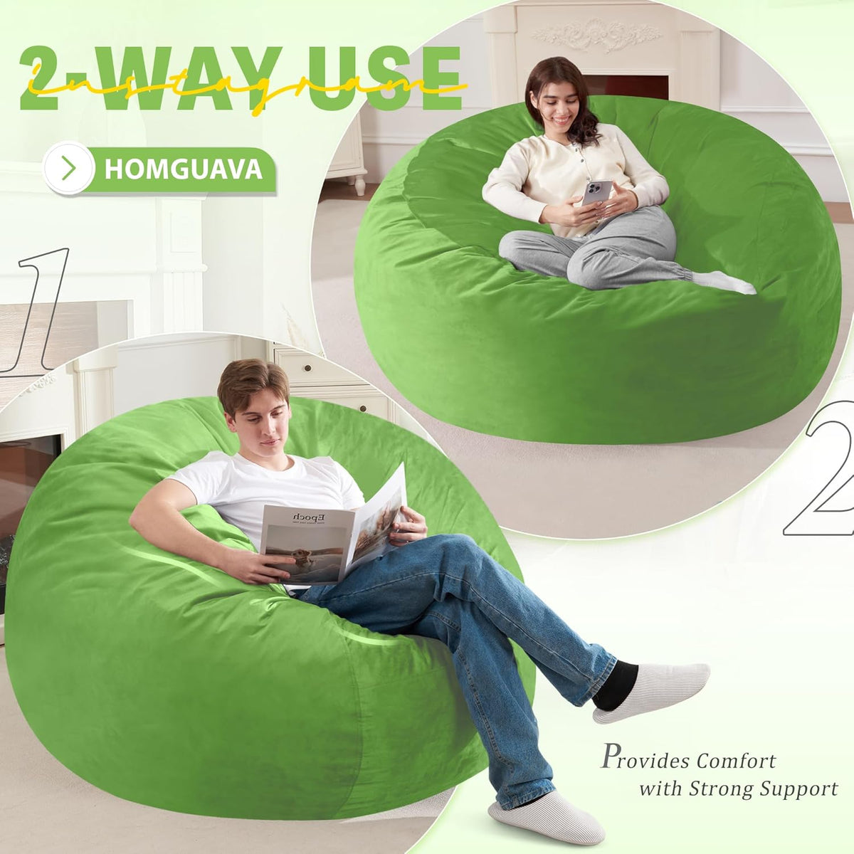 Homguava 6 FT Bean Bag Chair: 6' Bean Bags with Memory Foam Filled, Large Beanbag Chairs Soft Sofa with Dutch Velvet Cover-Lime