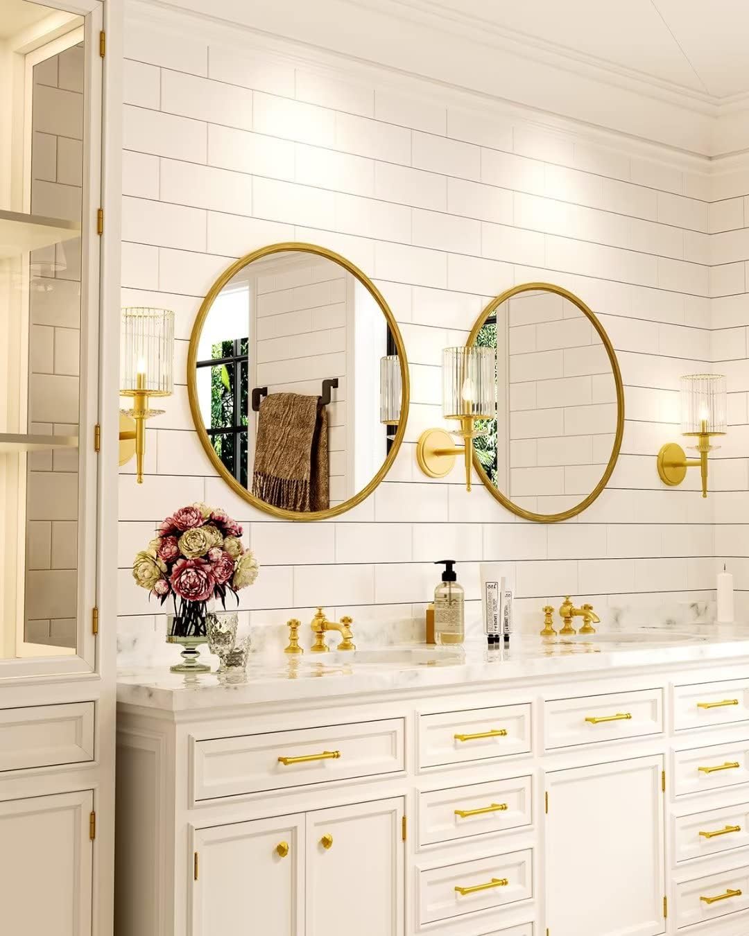 Growsun 24 inch Retro Gold Round Mirror Circle Wall Mirror for Bathroom Vanity, Entryway Living Room with Metal Frame for Home Decor