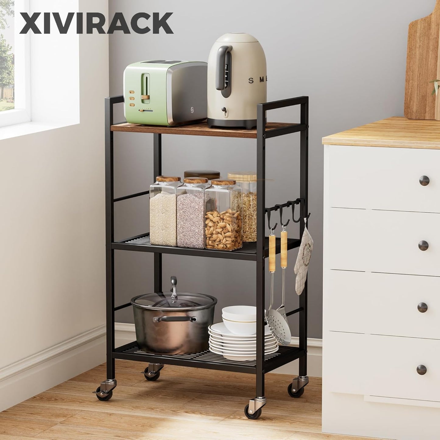 3-Tier Metal Storage Rack with Industrial Wheels,Mesh Shelving Unit with Wooden Table top,Adjustable Shelf,16.9-Inch Width,for Kitchen,Laundry,Pantry,Plant,Black