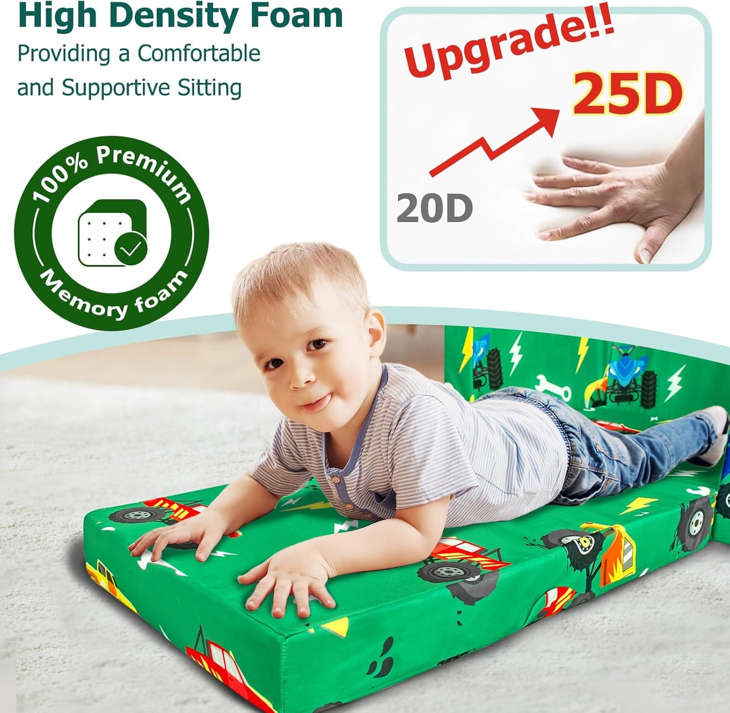 Kids Couch, 2-in-1 Kids Fold Out Sofa, Convertible Toddler Couch to Lounger for Girls and Boys, Soft Toddler Chairs Comfy 1-3 Years Old (Green Monster Truck)