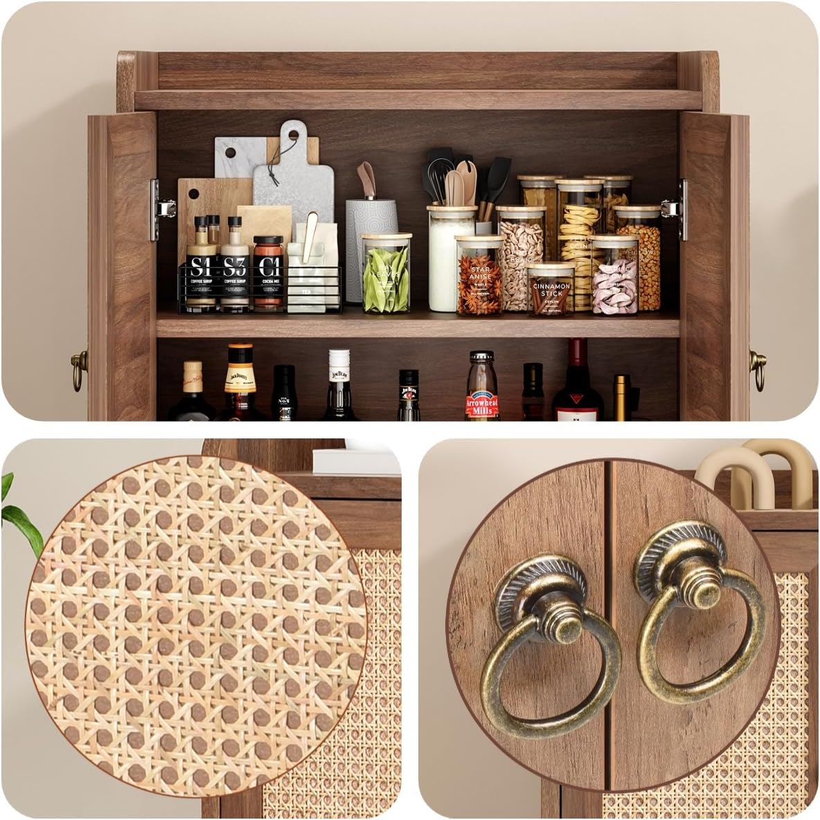 Buffet Cabinet, Rattan Storage Cabinet with Round Pull Rings, Sideboard with Ample Storage, Bar Liquor Shelf with 2 Doors for Living Room, Hallway, Light Brown