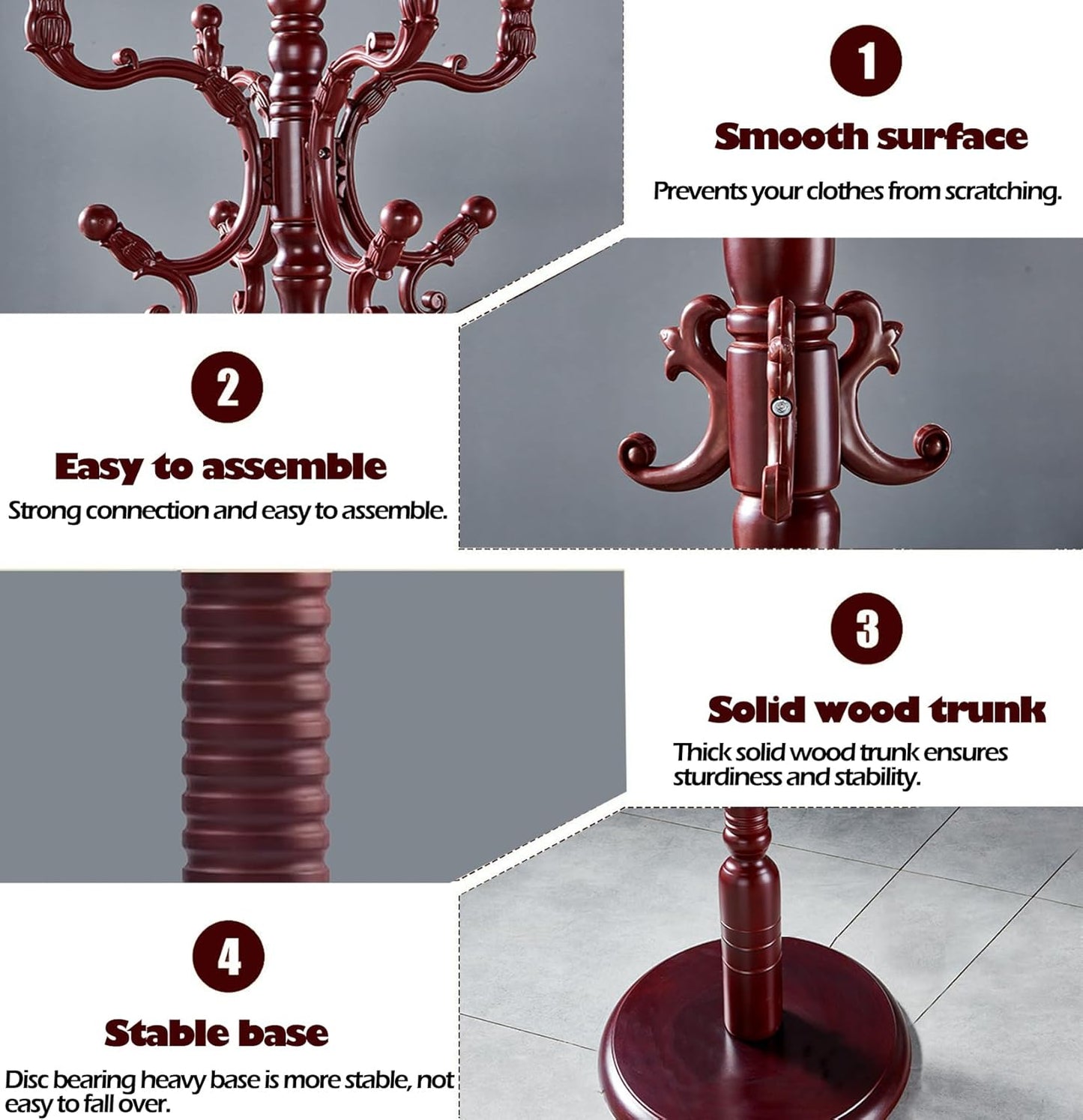 Coat Racks Free Standing with 14 Hooks, Natural Wood Coat Stands for Entryway, Adjustable Height 73 in Tree Coat Rack Stand for Hallway Home Office Bedroom (Mahogany)