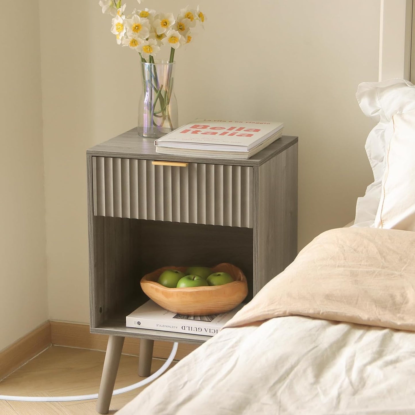 Grey Wood Nightstand with Charging Station, Modern Bedside Table with Fluted Drawers and Storage Shelf, End Side Tables Living Room for Bedroom, Office (Grey)