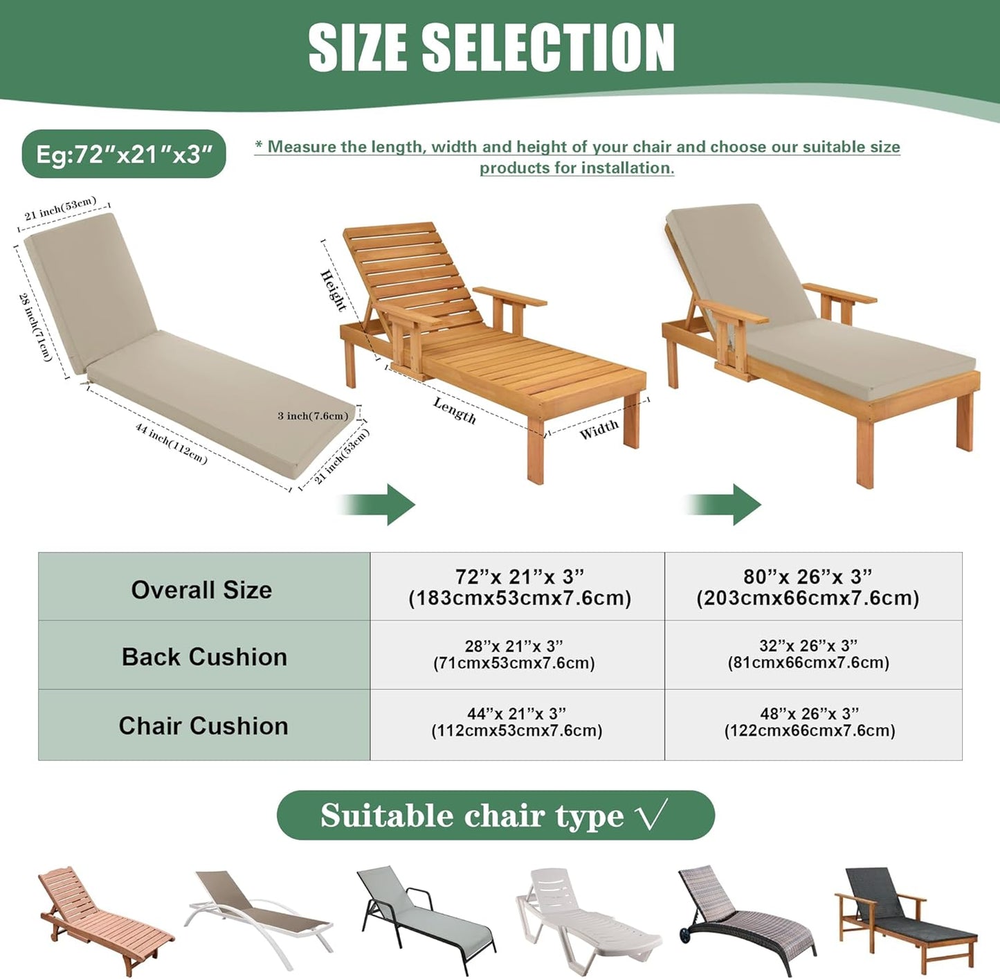 Chaise Lounge Cushions Outdoor Set of 2 - Waterproof and Fade Resistant Sun Lounger Replacement Cushion - Patio Lounger Pads with Removable Cover for Pool, Deck, Lawn, 72 x 21 x 3 Inch, Cream