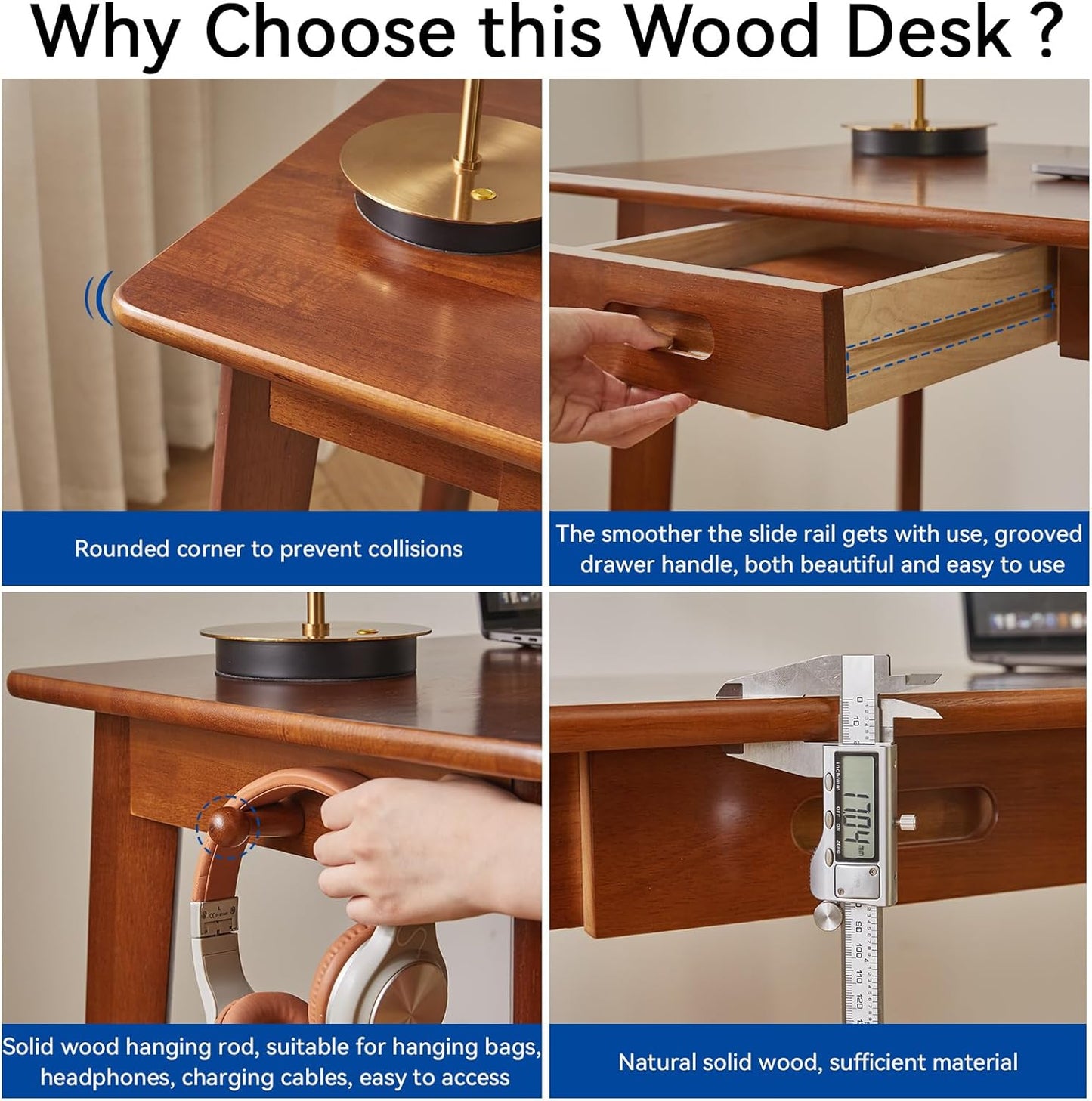 Wood Writing Desk with Drawer and Hanging Rod, Small Computer Desk Table, Work Table, Study Desk, Small Wooden Dining Table Brown YD-WD01H