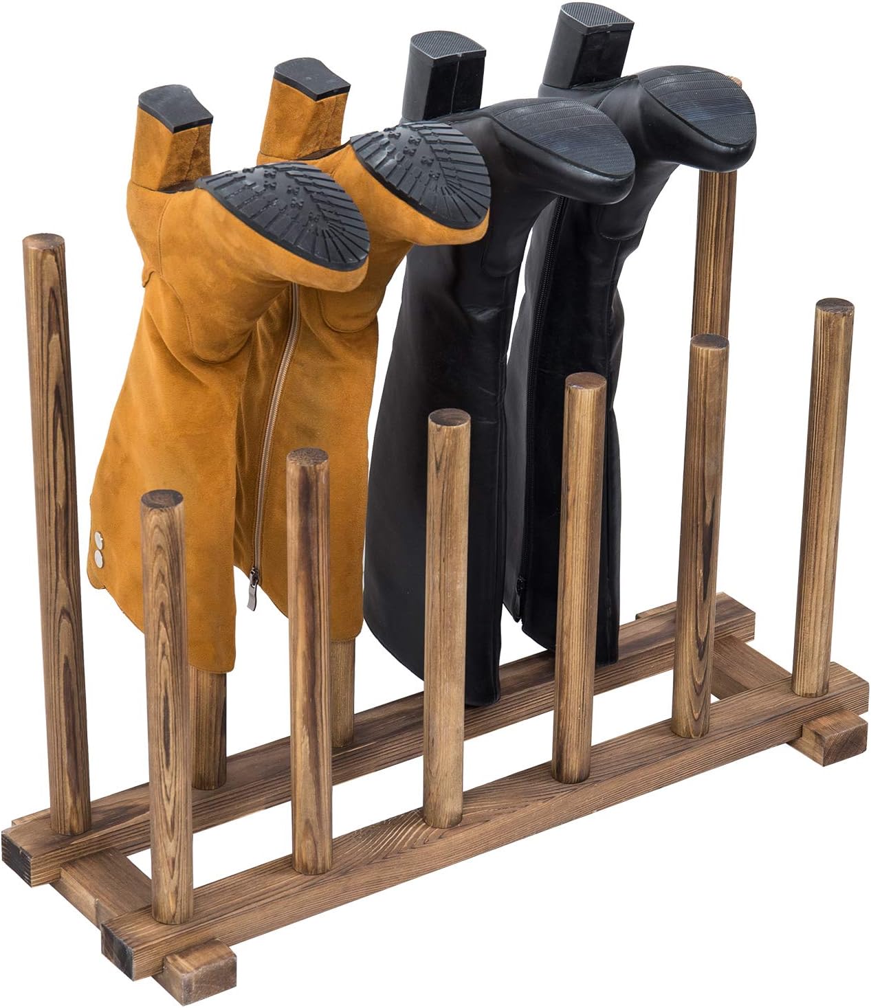 MyGift Rustic Burnt Brown Solid Wood Floor Standing Boot Holder Rack, Wooden Entryway Shoe Storage Organizer Stand Holds 6 Pairs of Tall and Short Boots
