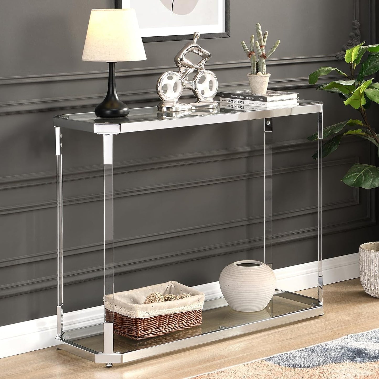 Glass Coffee Table, Clear Coffee Table with 2 Tiers, Acrylic Leg, Chrome Frame, Rectangular Center Table for Living Room (AST2017)