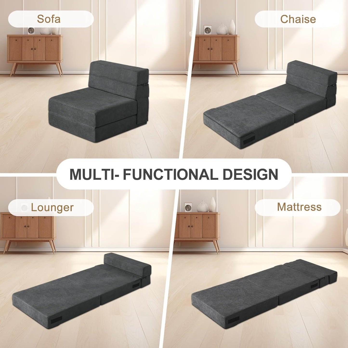 Folding Sofa Bed Single Size with Pillow Memory Foam Convertible Sleeper Chair Floor Couch Futon Lazy for Living Room/Home Office/Guest Beds/Apartment/Upstairs Loft,Dark Gray