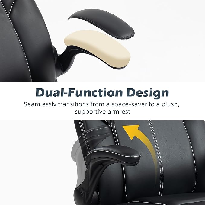 Office Chair - Executive Leather High Back Office Desk Chair with Rocking Function - Ergonomic Breathable Comfortable Wide Swivel Rolling Gaming Computer Chair with Flip-up Armrests & Lumbar Support