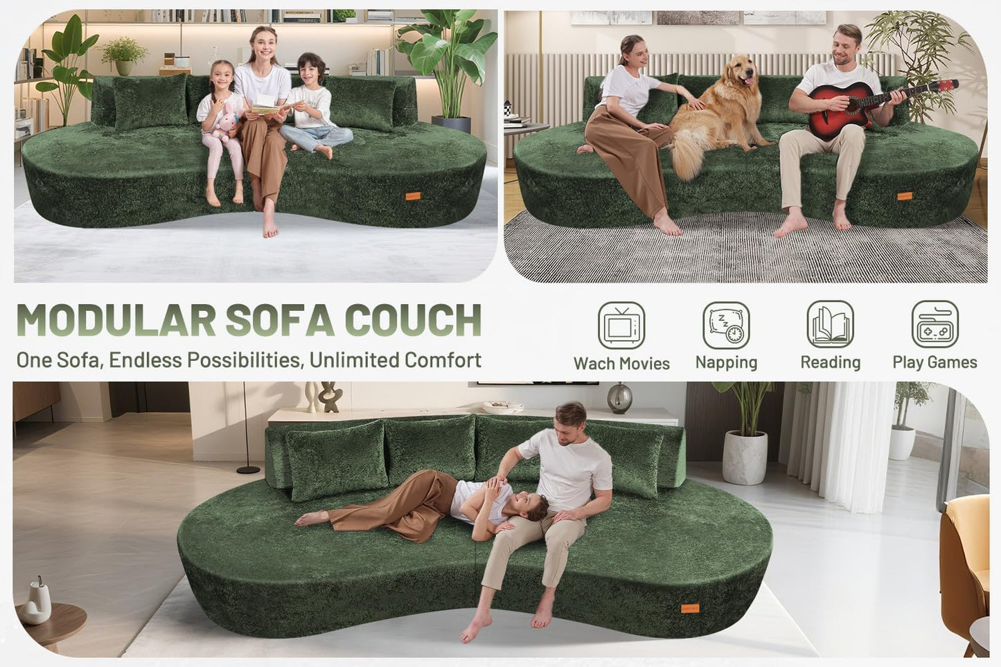 Homguava 104'' Modular Sectional Sofa,Curved Modern Sofa with Memory Foam,Deep Seat Cloud Couch with 4 Pillows,Upholstered Oversized Couches for Living Room Apartment Office,No Assembly Required,Green