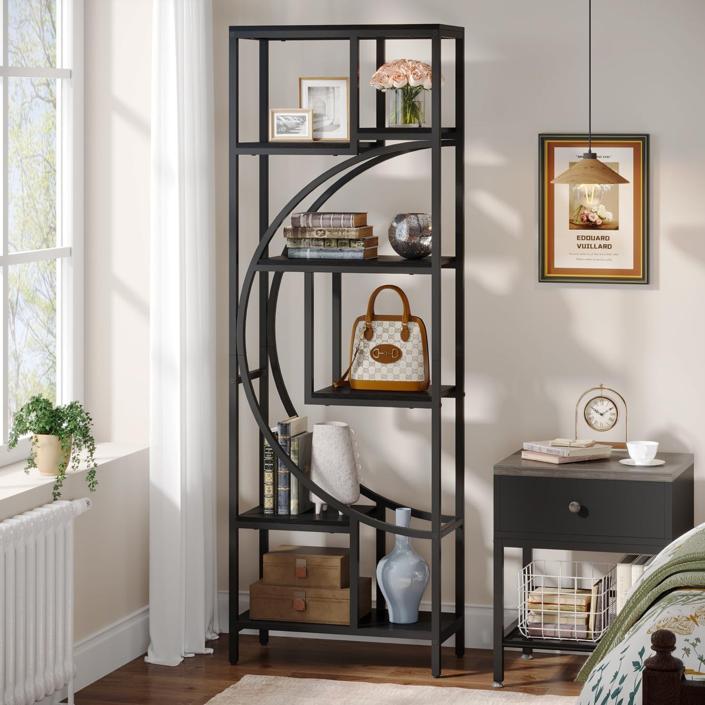 Geometric Bookshelf, 70.9" Tall Bookcase with 7-Shelf Open Shelves, Wood Metal Book Shelf Display Rack Storage Shelving Unit for Office, Bedroom, Living Room, Easy Assembly, Black