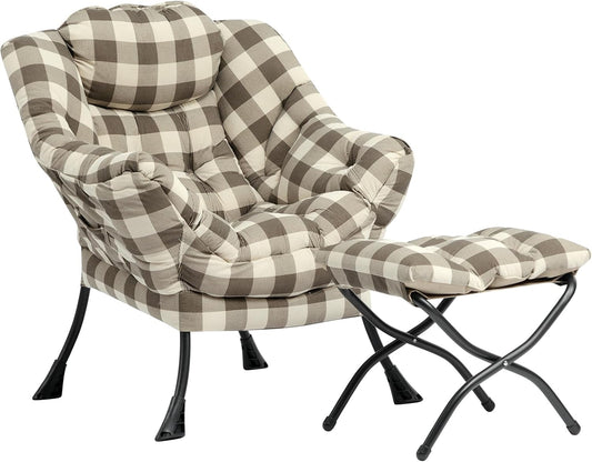 HollyHOME Fabric Lazy Chair with Foldable Ottoman, Accent Lounge Arm Chair and Folding Footrest Stool Set, Leisure Sofa Reading Chair and Footstool for Living Room, Bedroom, Dorm, Beige&Coffee Grid