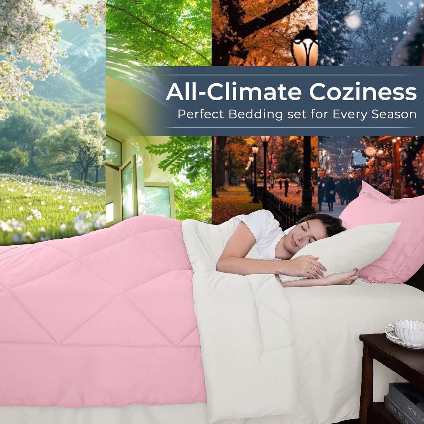 HEVUMYI Queen Comforter Set - 7-Piece All Season Bed in a Bag Queen, Ultra Soft Bedding Set with Comforter, Flat Sheet, Fitted Sheet, Pillowcases, Pillow Shams, Pink & Ivory