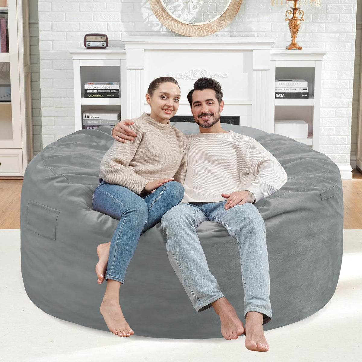 4FT Bean Bag Chair, Large Bean Bag Chairs with Memory Foam Filled, Fluffy Beanbag Sofa with Dutch Velvet Cover, Round BeanBag Chairs for Living Room, Playroom - Light Grey