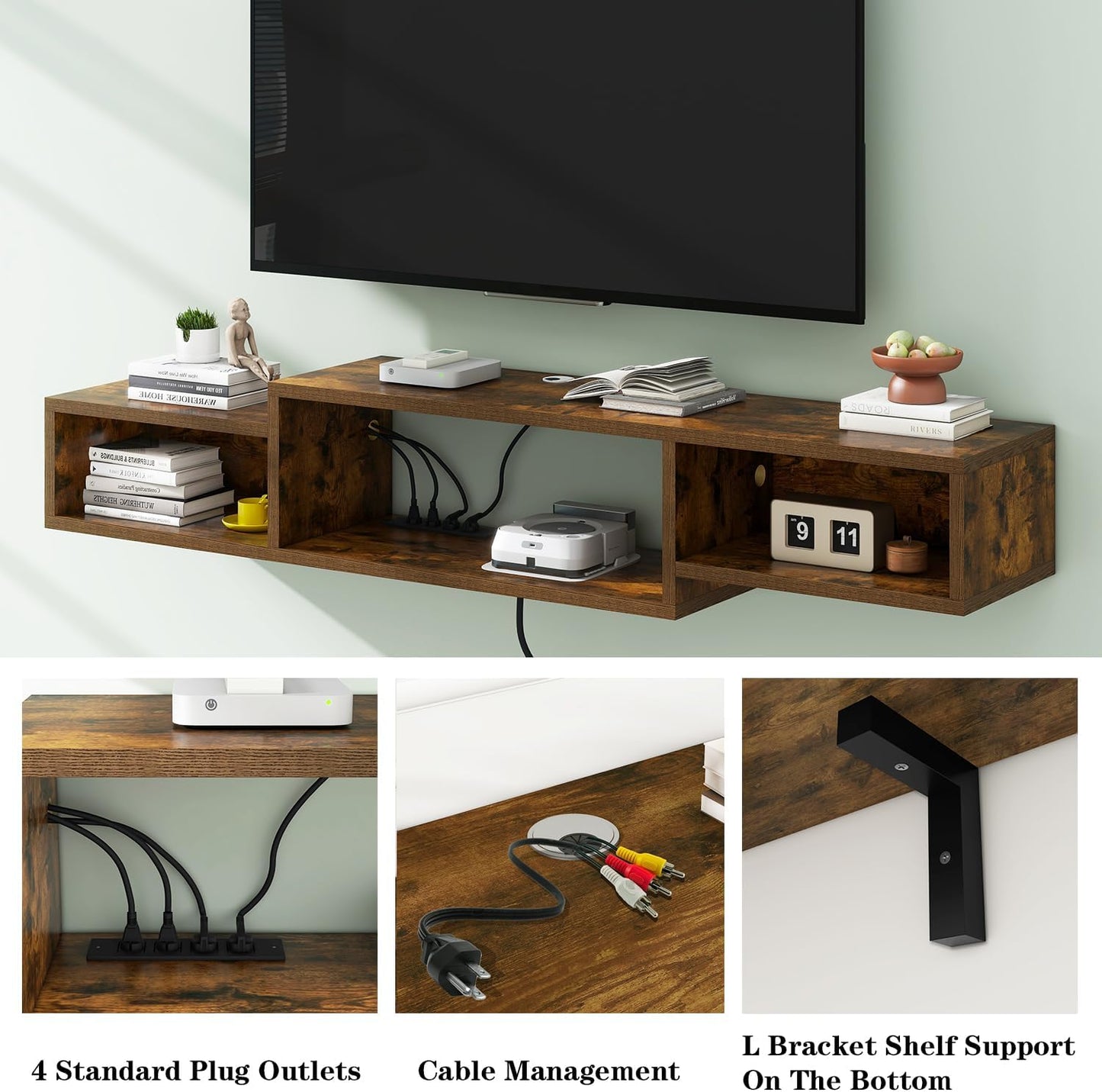 IBUYKE 59" Floating TV Stand Wall Mounted with Power Outlet,Wood Wall Mounted Media Console Shelf,Floating Entertainment Center for Under TV Storage for Living Room Bedroom Office,Rustic Brown WST007H
