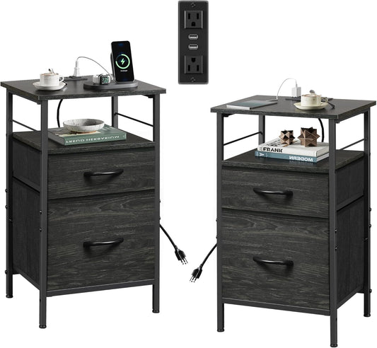 WLIVE Night Stand Set 2, Black Nightstand with Charging Station, Bedside Tables for Bedroom, Side Table with Fabric Drawers, USB Ports and Outlets