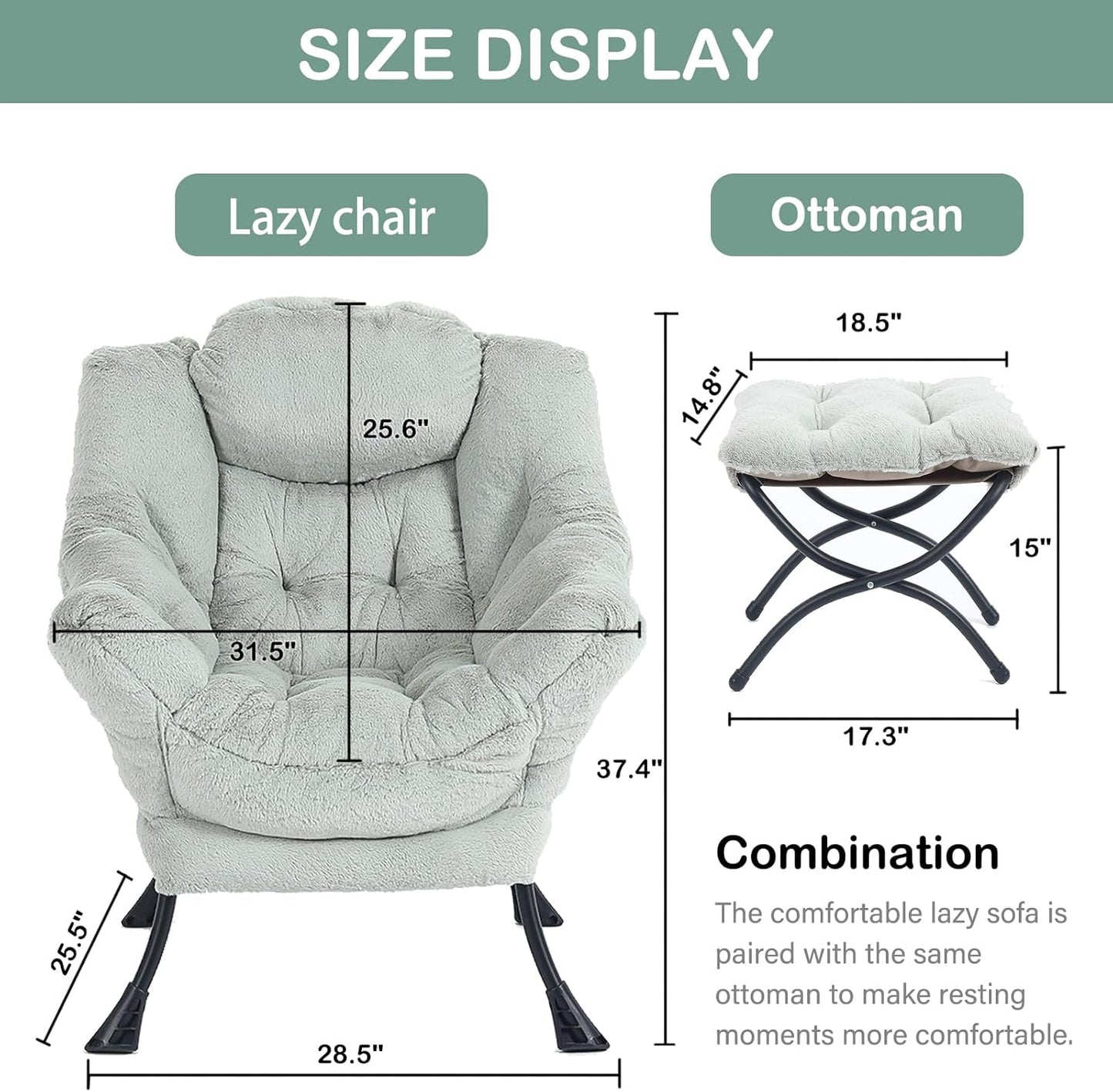 LITA Lazy Chair with Ottoman, Modern Accent Leisure Upholstered Sofa Chair, Contemporary Lounge Reading Chair with Armrests and a Side Pocket for Living Room, Bedroom & Small Space