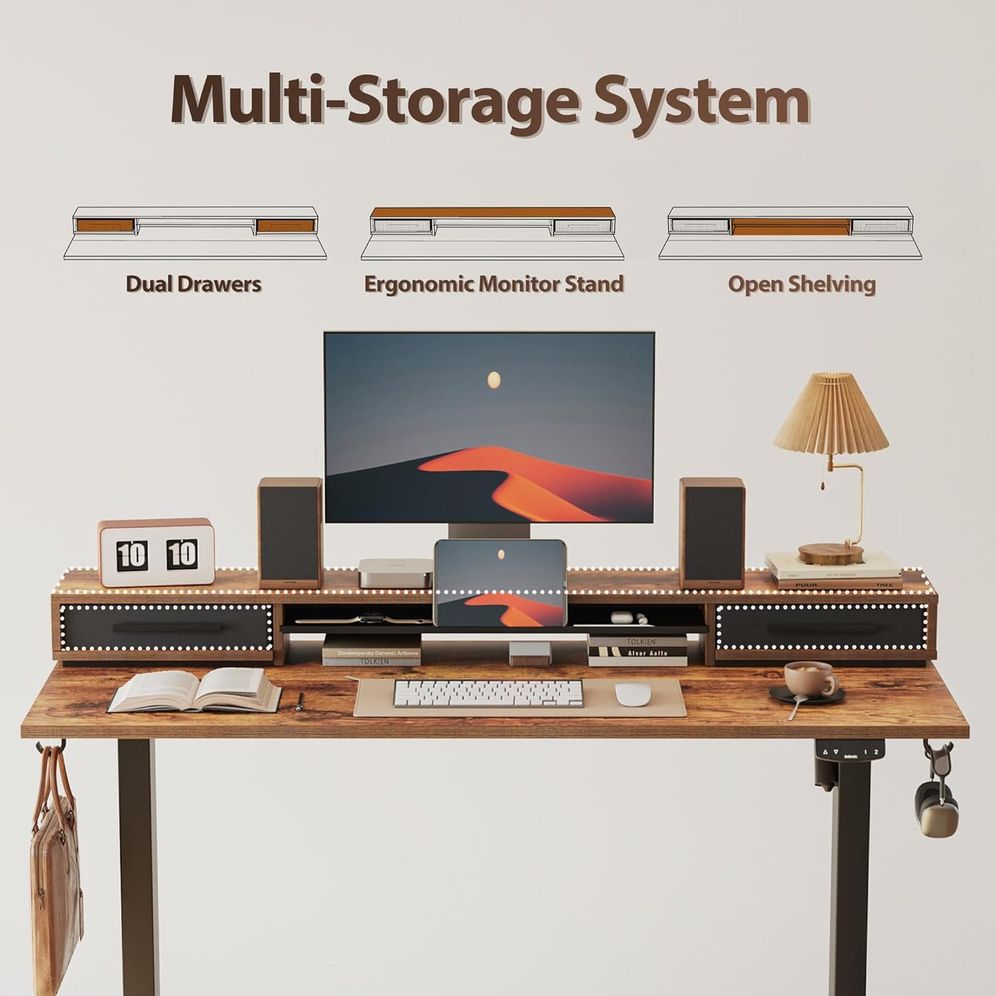 Agilestic 48 Inch Electric Standing Desk with Drawers, Adjustable Desk with Storage Shelf, Stand Up Home Office Computer Table, Splice Board, Rustic Brown