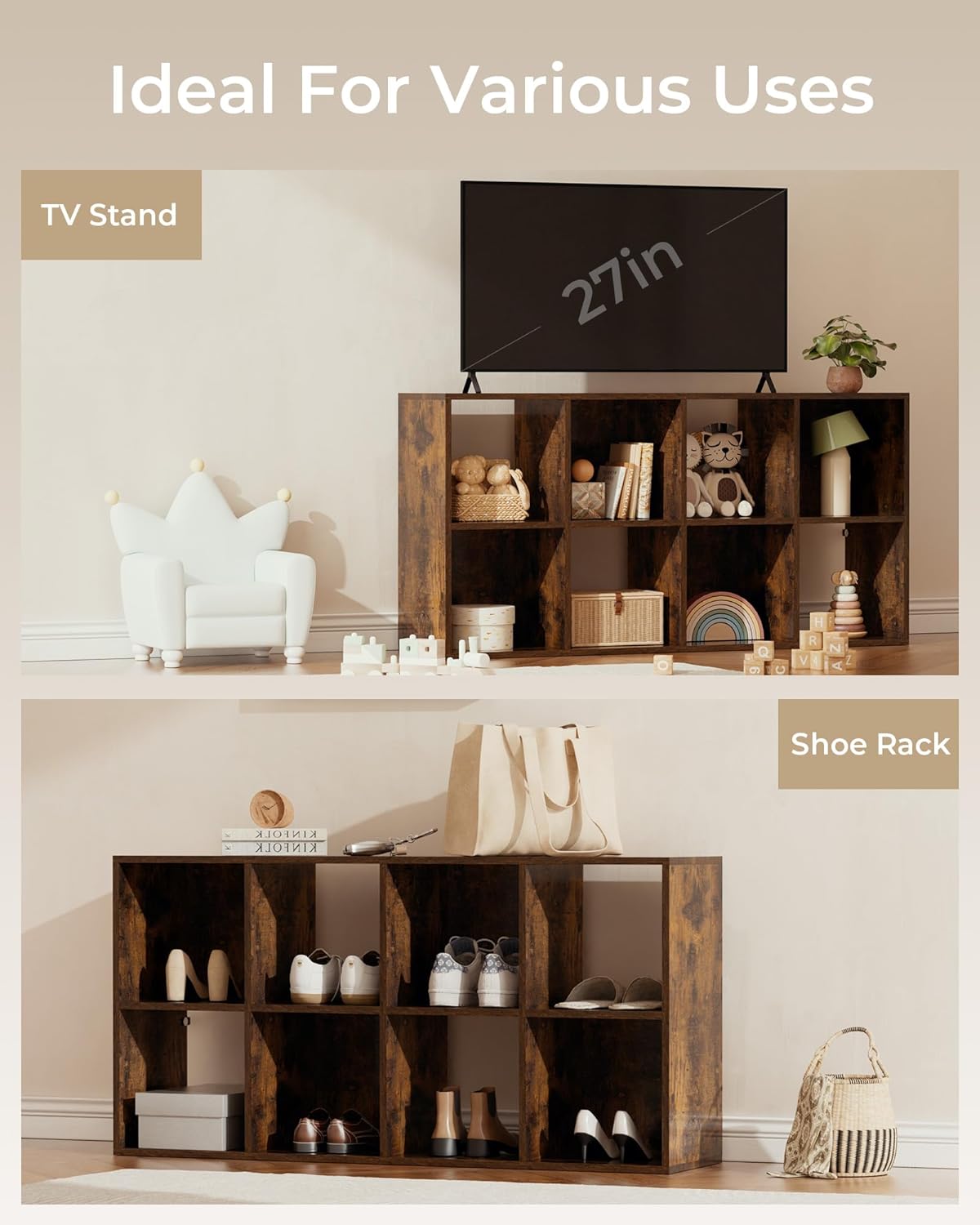 GTPLAYER 8-Cube Storage Organizer, Fits 11" Bins, Vertical or Horizontal Use, Opening Bookshelf, Partial Back Panels, Stackable Design Bookcase, for Living Room, Media Console, Hallway, Rustic Brown