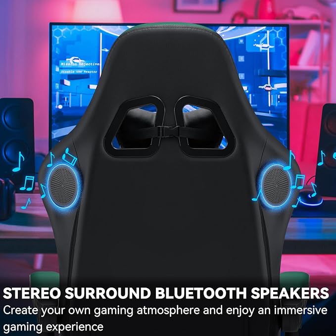 HOFFREE Gaming Chair with Speakers Massage Computer Gaming Chair with Pocket Spring Cushion for Adults Reclining Gamer Chair with Bluetooth Video Game Chairs with Footrest Green and Black